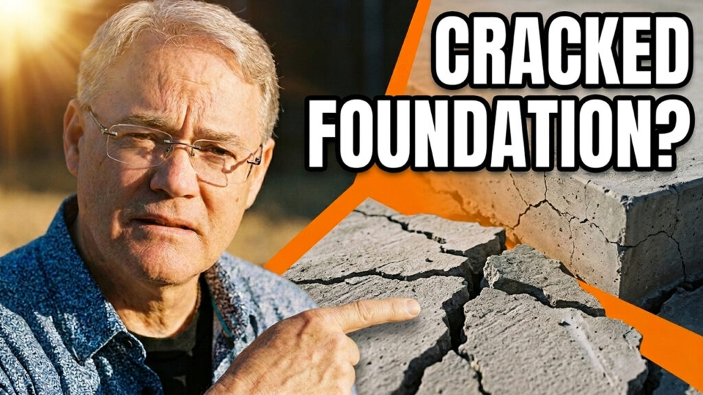Man pointing at cracked concrete foundation caused by expansive clay soil in DFW Texas with Stabiltech STX90 ionic soil stabilization treatment