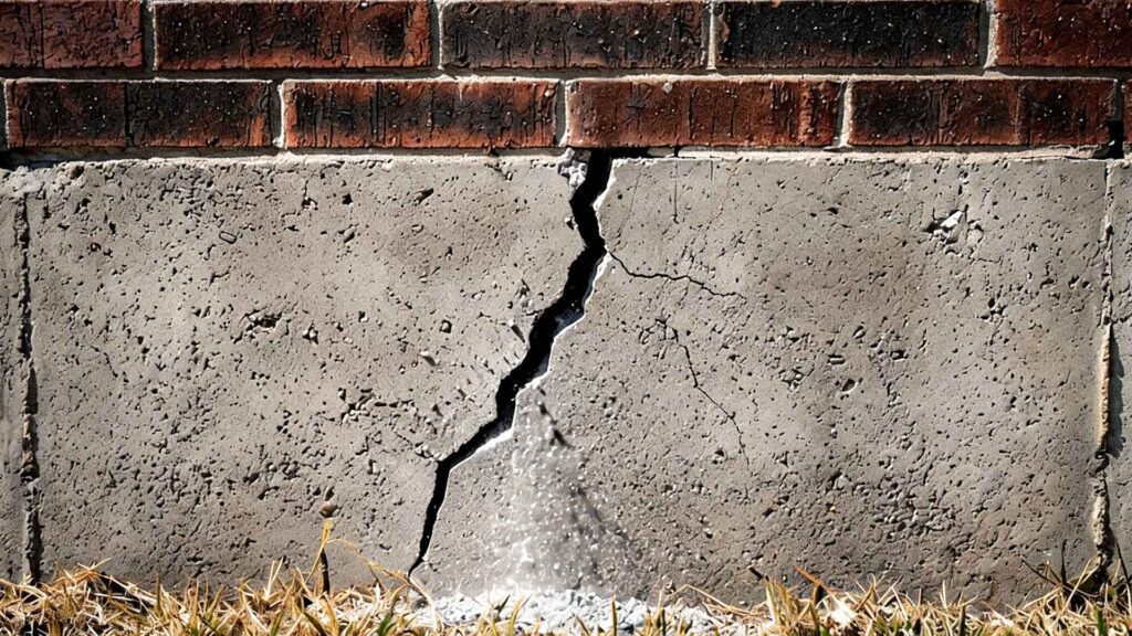 Cracked concrete foundation pad caused by expansive clay soil movement
